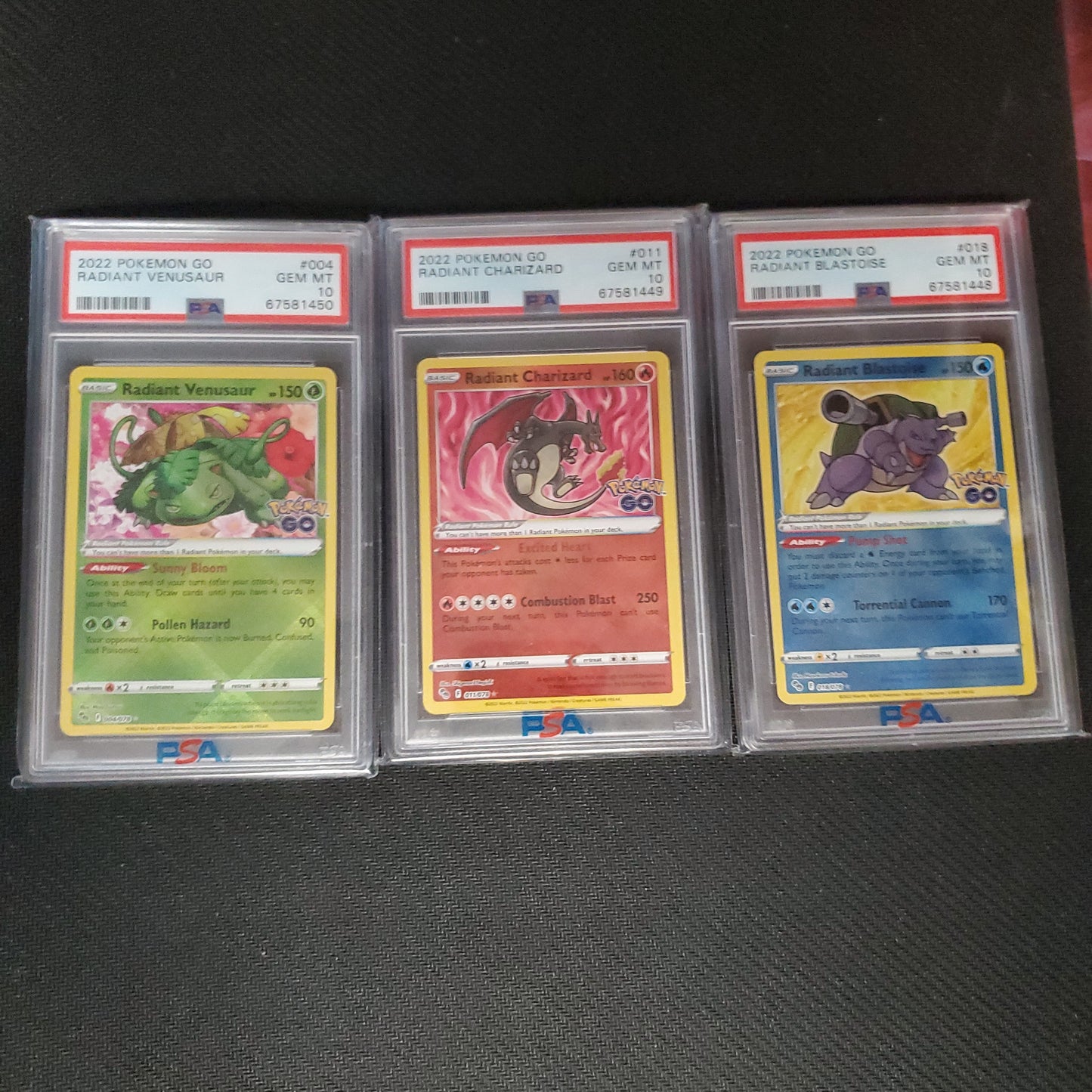 Sequential PSA 10 Radiant Venusaur, Charizard, Blastoise trio